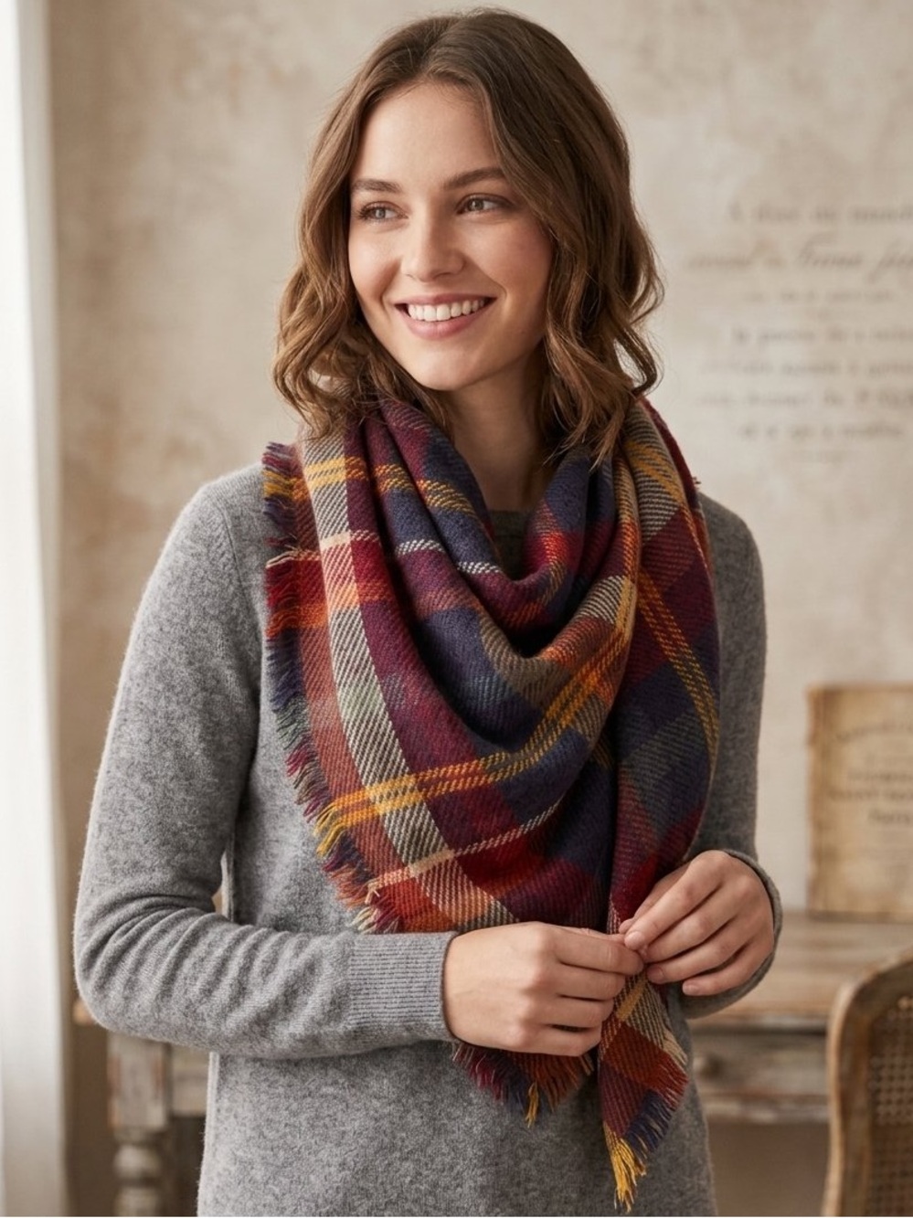 Fraas The Scarf Company Plaid Wrap Red & Blue Preppy Cottage